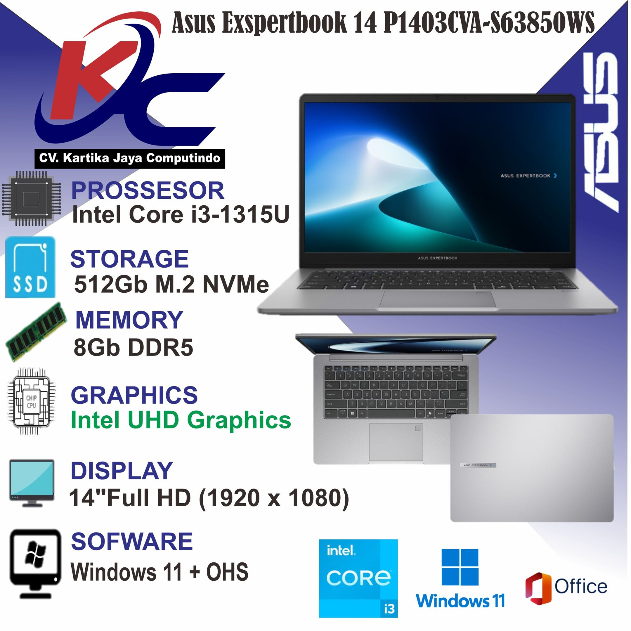 ASUS P1403CVA - S63850WS  I3-1315U/ 8GB/ SSD 512GB/ W11 OHS+M365 